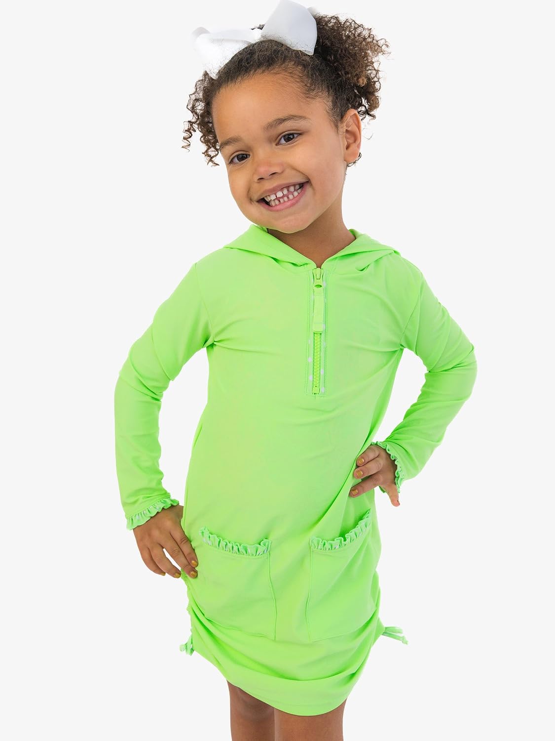 RuffleButts Girls UPF50+ Sun Protective Ruched Quarter-Zip Cover-Up