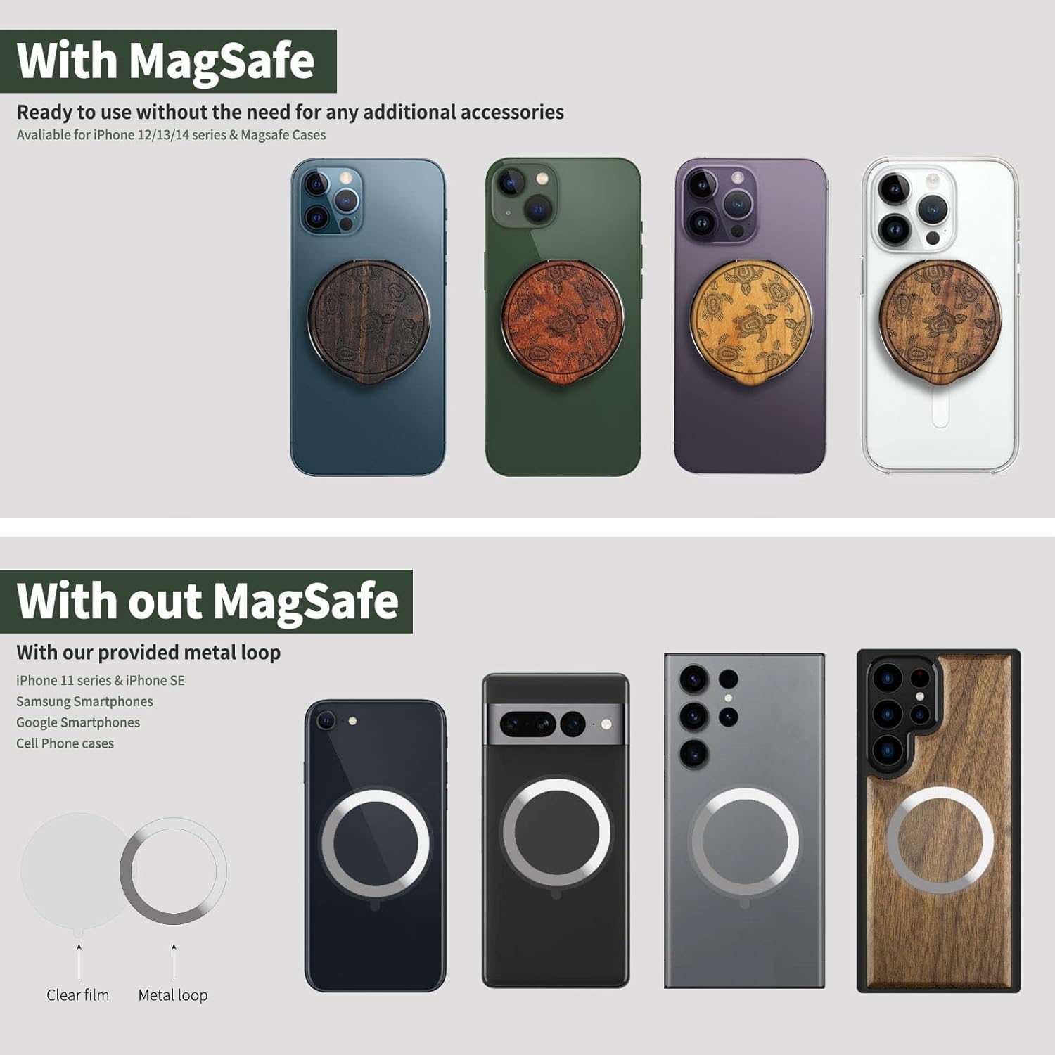 Carveit Solid Wood Design Adjustable Magnetic Phone Kickstand for MagSafe Accessories Ring Holder Stand Metal Grip Hook Compatible with iPhone 14/13/12/15/16 Pro Max (Turtle Pattern Design - Redwood)