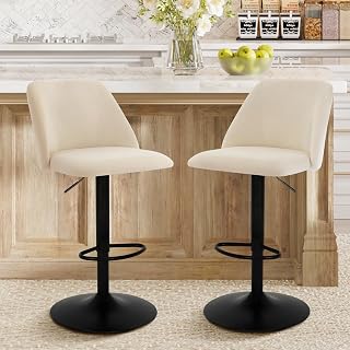 COLAMYHOME Set of 2 Swivel Adjustable Bar Stools, Upholstered Counter Height with Full Backrest, Breathable Fabric for Kitchen Island, Beige
