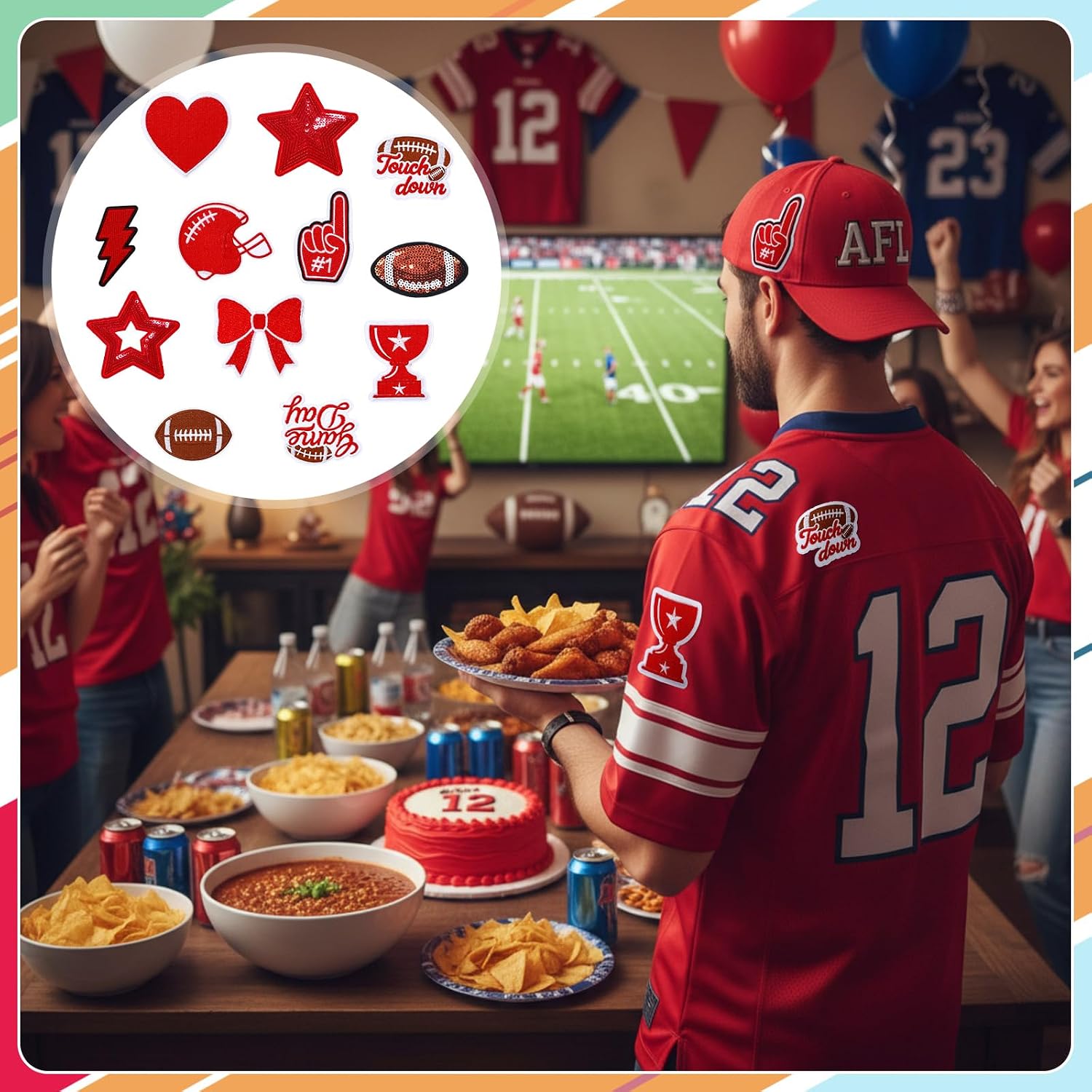 24 Pcs Red Football Patches Iron on Embroidered Gameday Patches Sew on Appliques for Hats Backpacks Clothes Football Enthusiasts Team Fans DIY Crafts