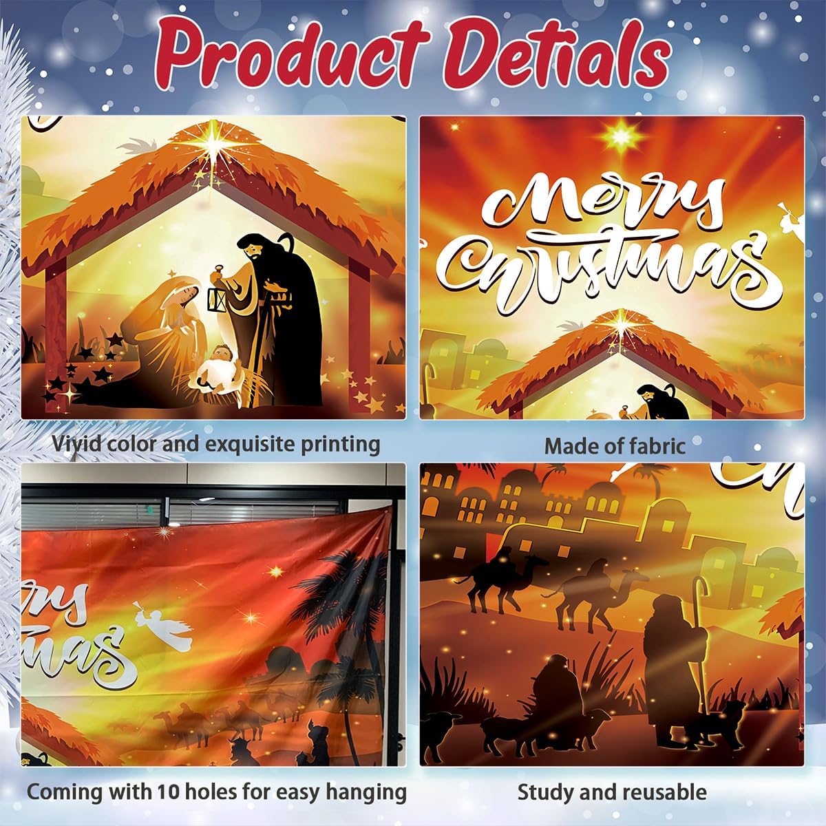 7x16FT Christmas Garage Door Cover, Nativity Scene Garage Door Banner Decorations, Merry Christmas Backdrop for Xmas Holiday Winter New Year Eve Party Decorations Supplies