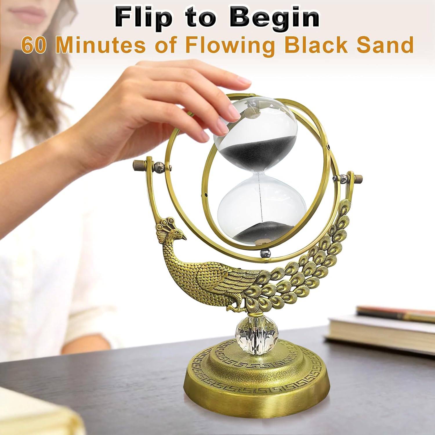 Hourglass 60 Minute Sand Timer, 720° Rotating Brass Peacock & Crystal Ball Sand Clock,Antiguo Reloj De Arena 1 Hora, Large Metal One Hour Glass Sandglass for Gifts Office Desk Decor