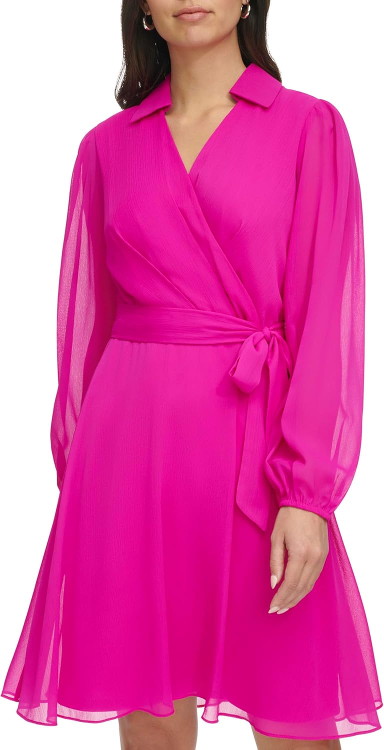 DKNY Womens Chiffon Long Balloon Sleeve Collared Faux Wrap Dress