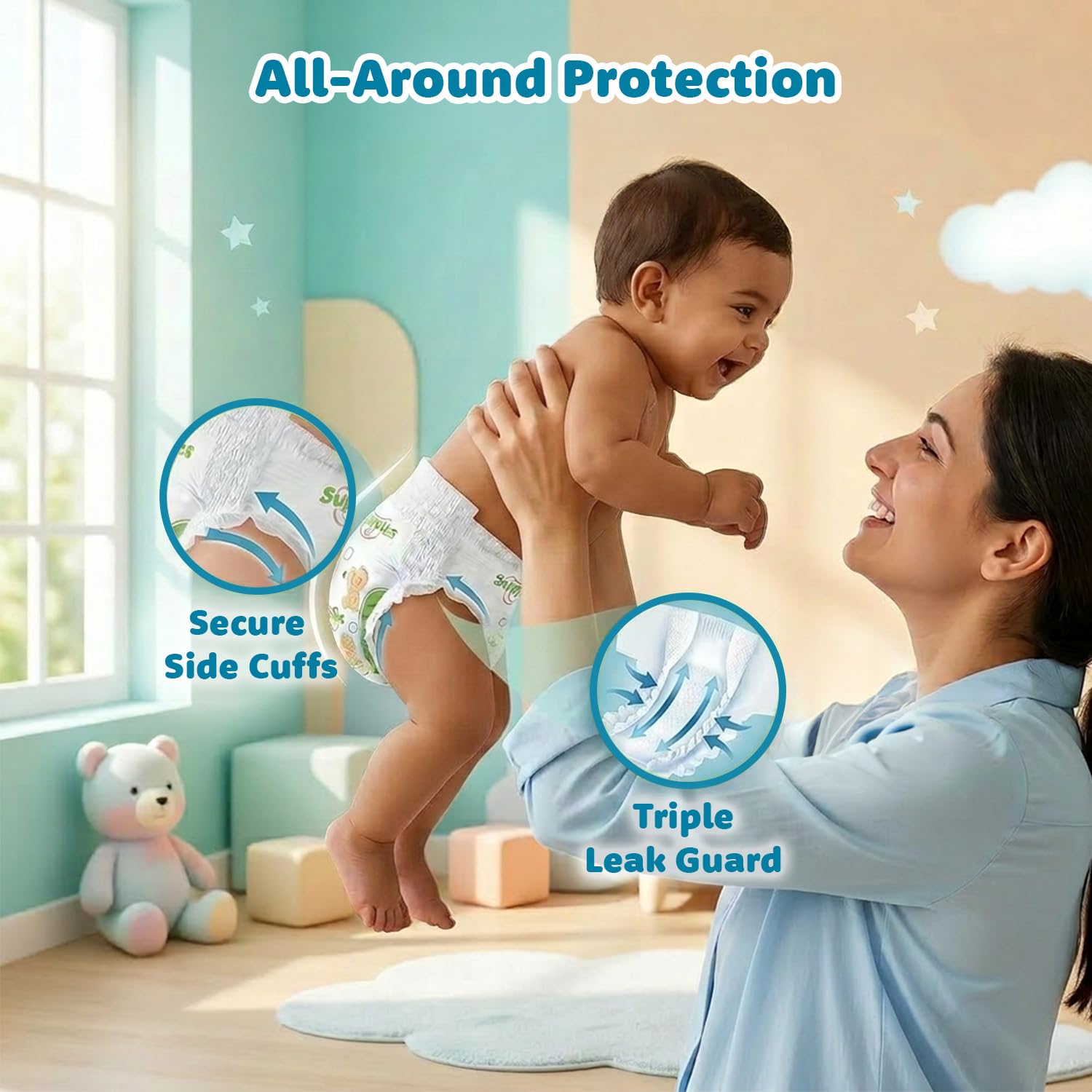 Amazon Brand - Supples Premium Baby Diaper Pants | 22 Baby Diapers | XXXL | 18-55 Kg | 12 Hrs Absorption | Cushiony Cotton Soft Fabric | Phthalates-Free | Triple Leak Guard 2