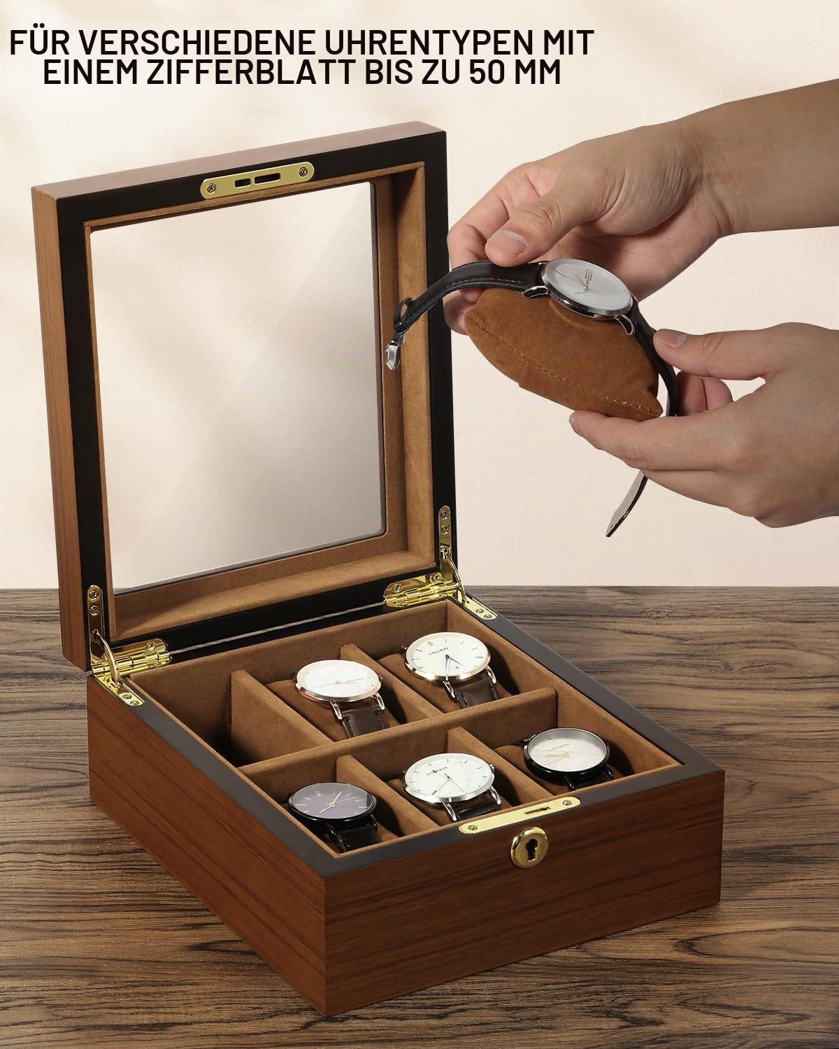 Uten Uhrenbox Holz für 6 Uhren, Uhrenkasten mit Schlüssel,Weiche Kissen & goldenes Schloss, Große Kapazität, Uhrenkoffer als Geschenkidee für Herren und Damen