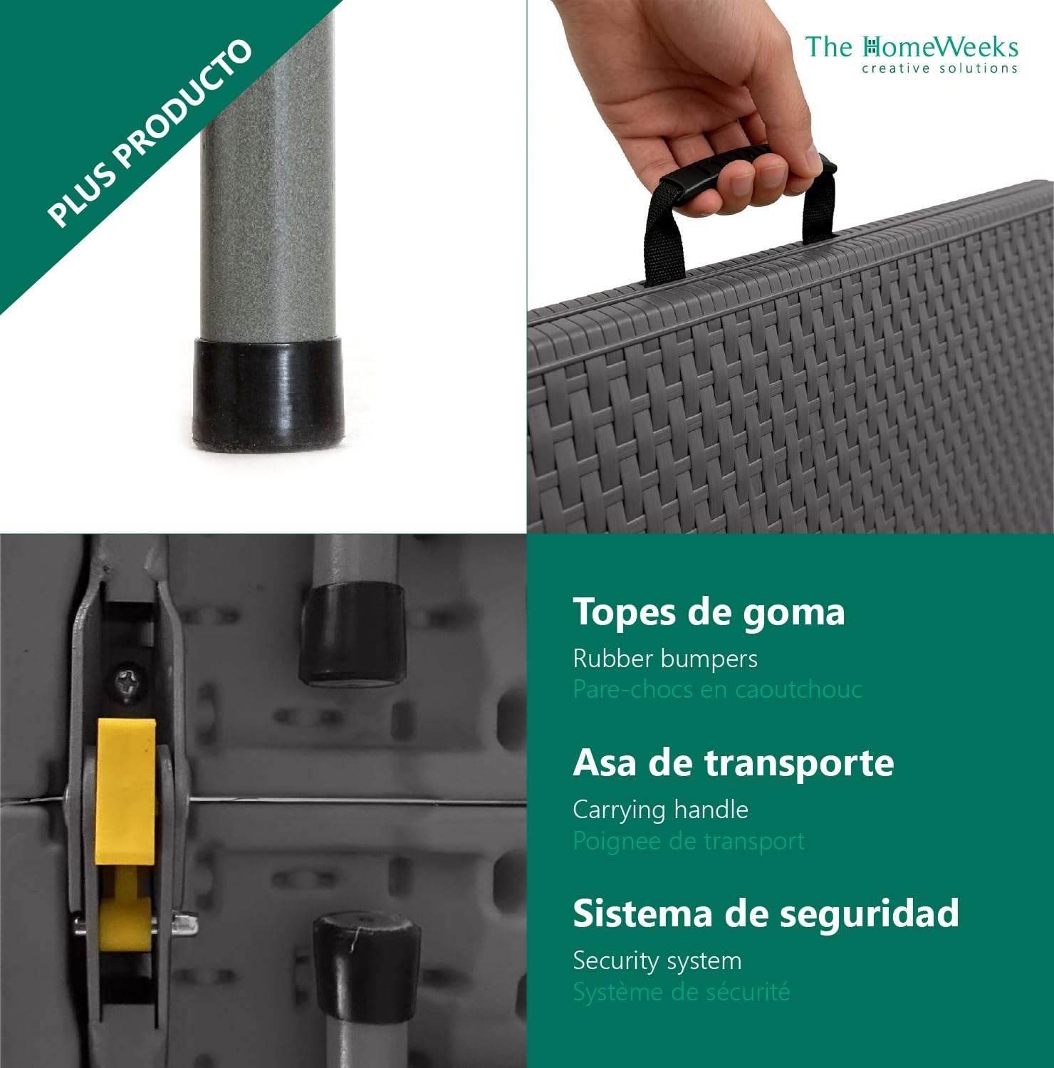 The Homeweeks Mesa Plegable Solid Efecto Ratan Gris Antracita 180cm | portátil | Normativa Uso público | Tablero Resina HDPE 3,5cm | Capacidad 6/8 Personas | Carga 150 kg.