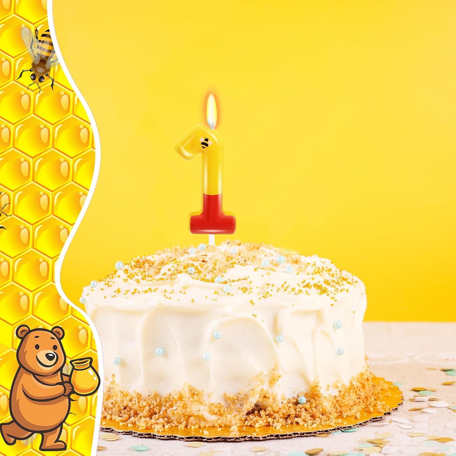 Yellow Bear Themed Number 1 Candle 1st Birthday Decorations for Boy/Girl