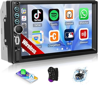 SIXTOP Wireless Apple CarPlay 7 Inch Capacitive Touchscreen Double Din Car Stereo Multimedia Digital Media Receiver, Bluetooth, Android Auto,Waterproof Backup Camera, Type-C,FM,AUX/USB Slot SWC