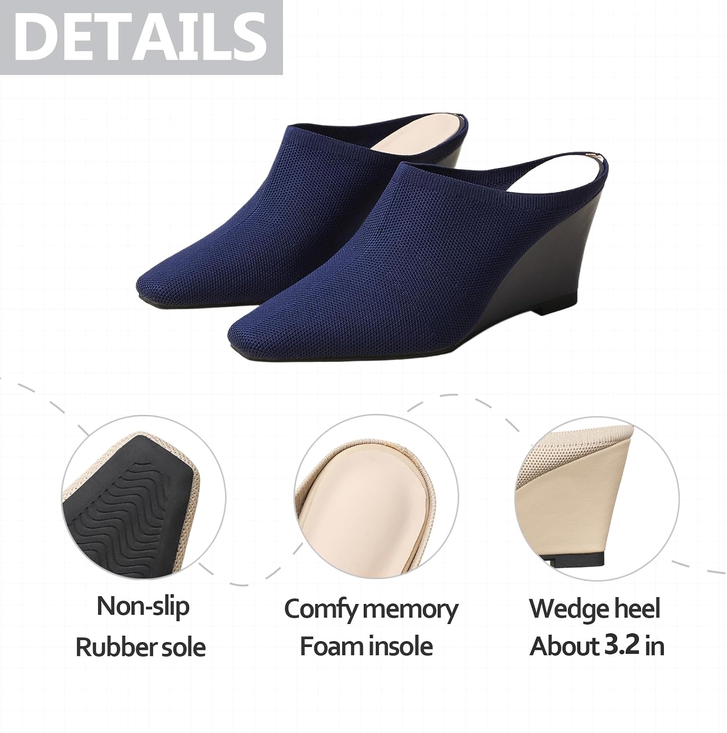 Women's Knit Wedge Mules with Arch Support Square Toe Breathable Memory Foam Slip-On Heeled Clogs Slides for Walking Work Comfortable Wedge Slingback Loafers for Summer Office