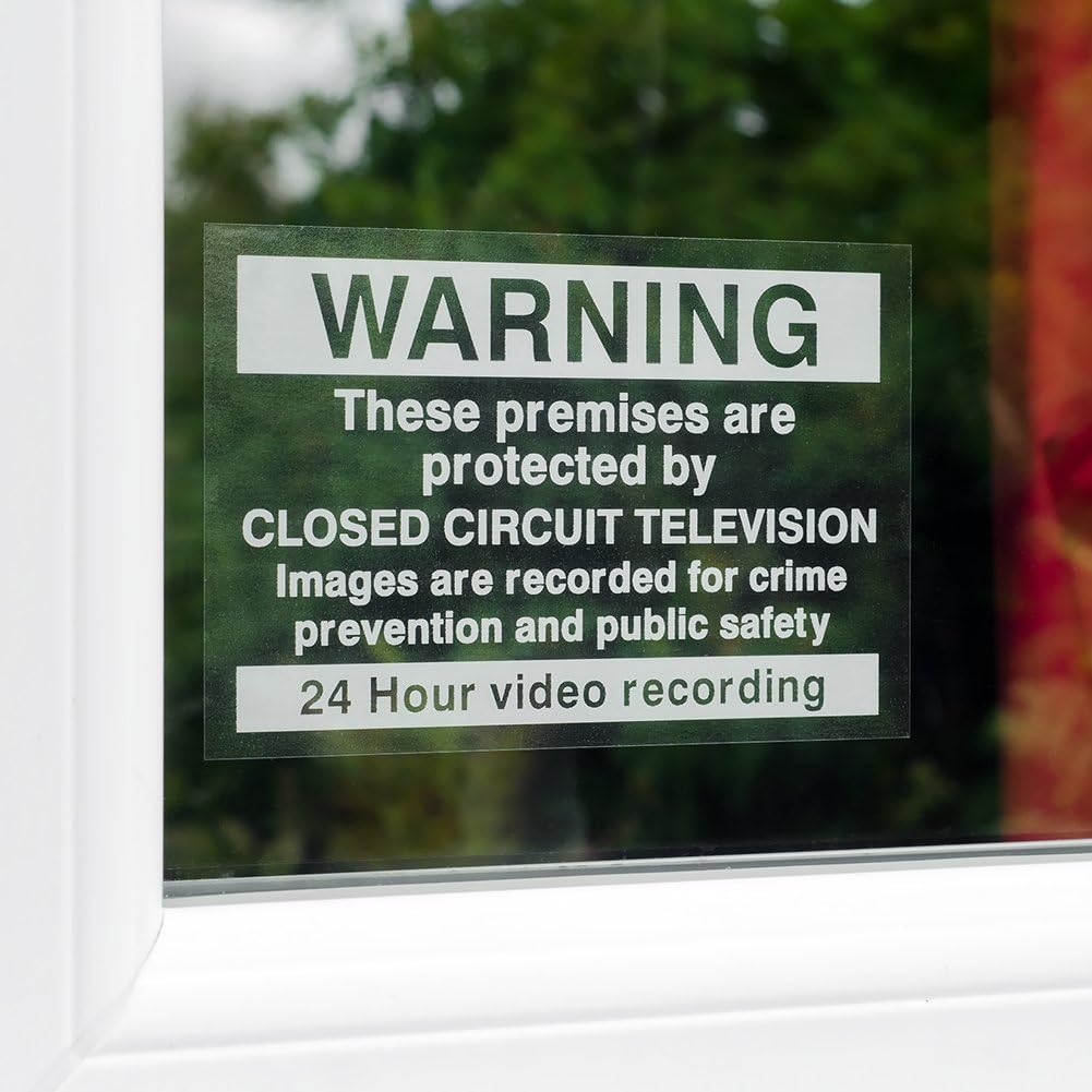 WARNING THESE PREMISES ARE PROTECTED BY CCTV. 24HR RECORDING SIGNS, CCTV SECURITY STICKERS FOR INSIDE OF WINDOW, TO BE READ FROM THE OUTSIDE.
