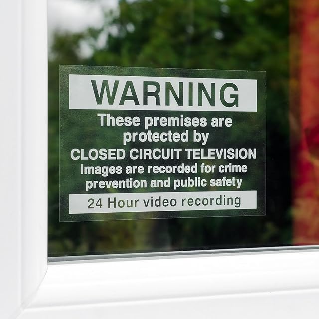 WARNING THESE PREMISES ARE PROTECTED BY CCTV. 24HR RECORDING SIGNS, CCTV SECURITY STICKERS FOR INSIDE OF WINDOW, TO BE READ FROM THE OUTSIDE.