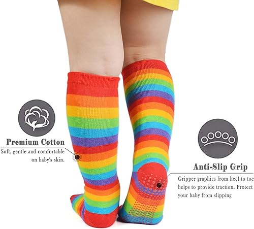 Miniatura 3 de EPEIUS Calcetines altos hasta la rodilla con rayas de arco iris para bebé, calcetines de tubo antideslizantes para uniforme de fútbol para niños