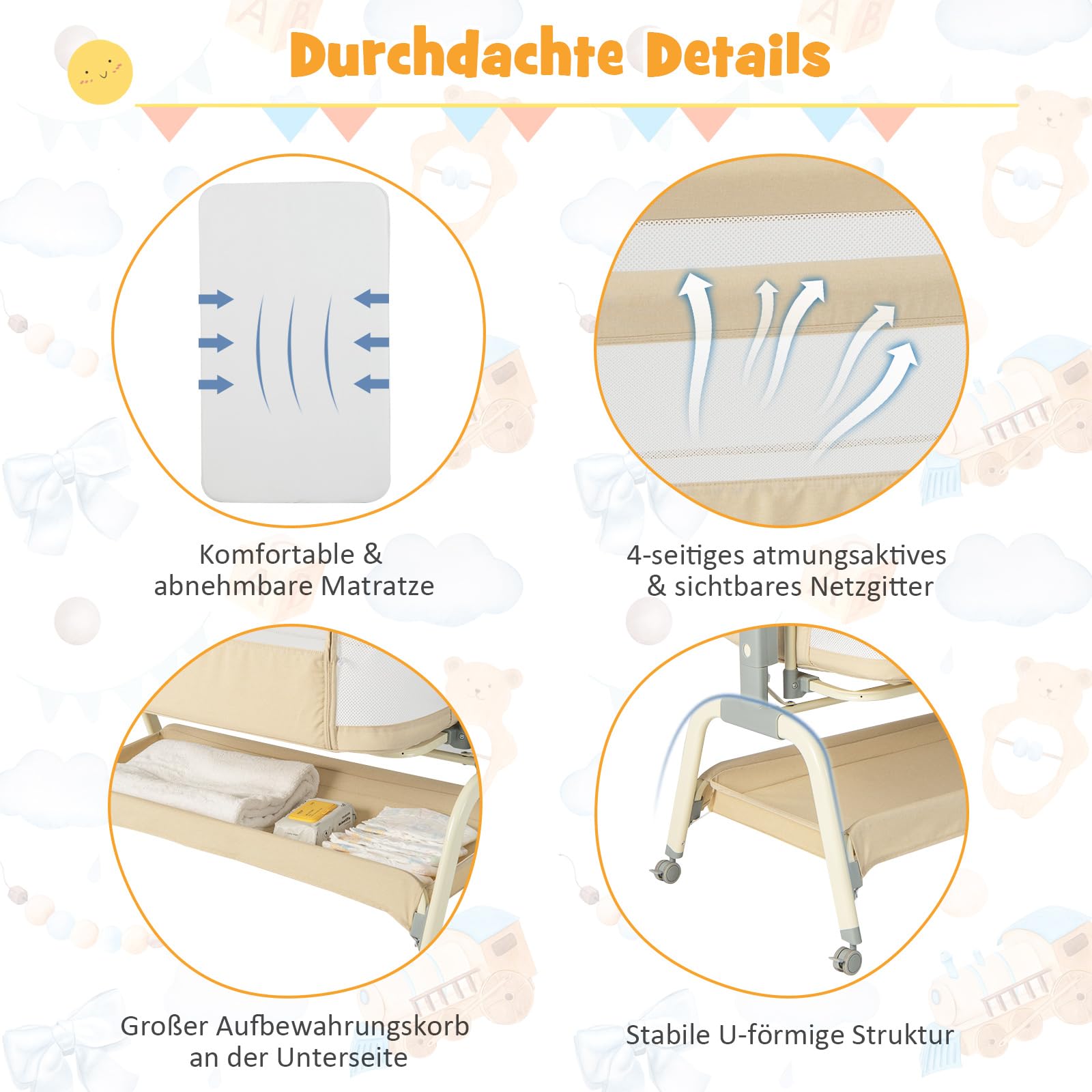 COSTWAY 4 in 1 Babybett mit Moskitonetz, Beistellbett & Babywiege & Stubenwagen & Reisebett mit Matratze, 6 verstellbaren Höhen, Tragetasche, mobiles Kinderbett faltbar für Baby bis 6 Monaten (Beige)