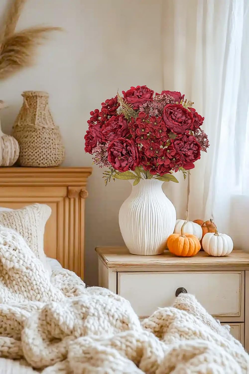Hollyone 2 Bundles Artificial Fall Flowers Bouquet 18.8" Red Peony Hydrangea Fake Fall Floral Silk Flowers Autumn Faux Flower Arrangement for Home Wedding Table Centerpieces Thanksgiving Party Decor - Image 4