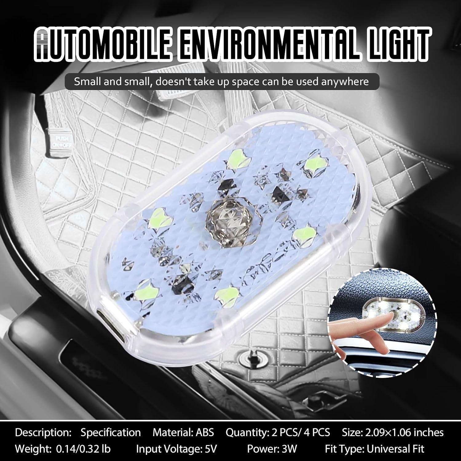 2 PCS Car LED Lights Interior Wireless, Super Bright Auto Interior Ambient Light with 6 Bright LED Lamp Beads, Portable USB Rechargeable Car Led Night Light for Vehicle Decor(White)