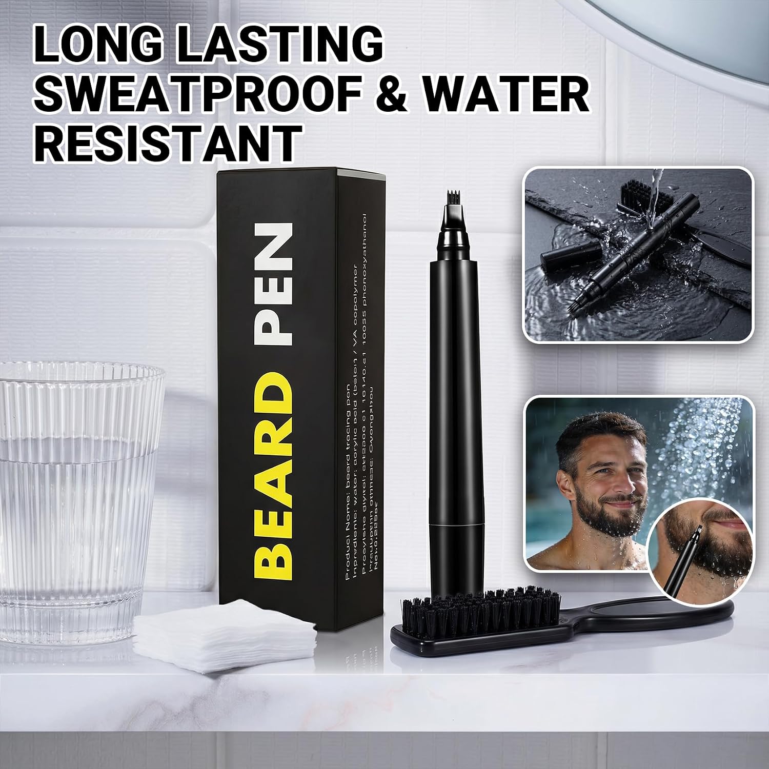 Beard Pencil Filler for Men,Four-fork Tip Beard Pen for Touchups & Gap Contouring,Sweatproof Long Lasting Waterproof Beard Filling Pen Kit with Beard Brush,Enhances Facial Hair