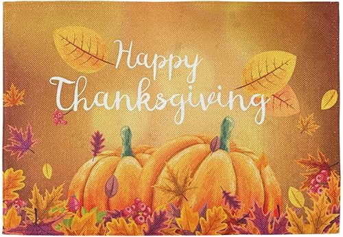 Miniatura 2 de Juego de 6 manteles individuales de Acción de Gracias con calabaza y hojas de otoño, manteles individuales para mesa de comedor, cocina, fácil de