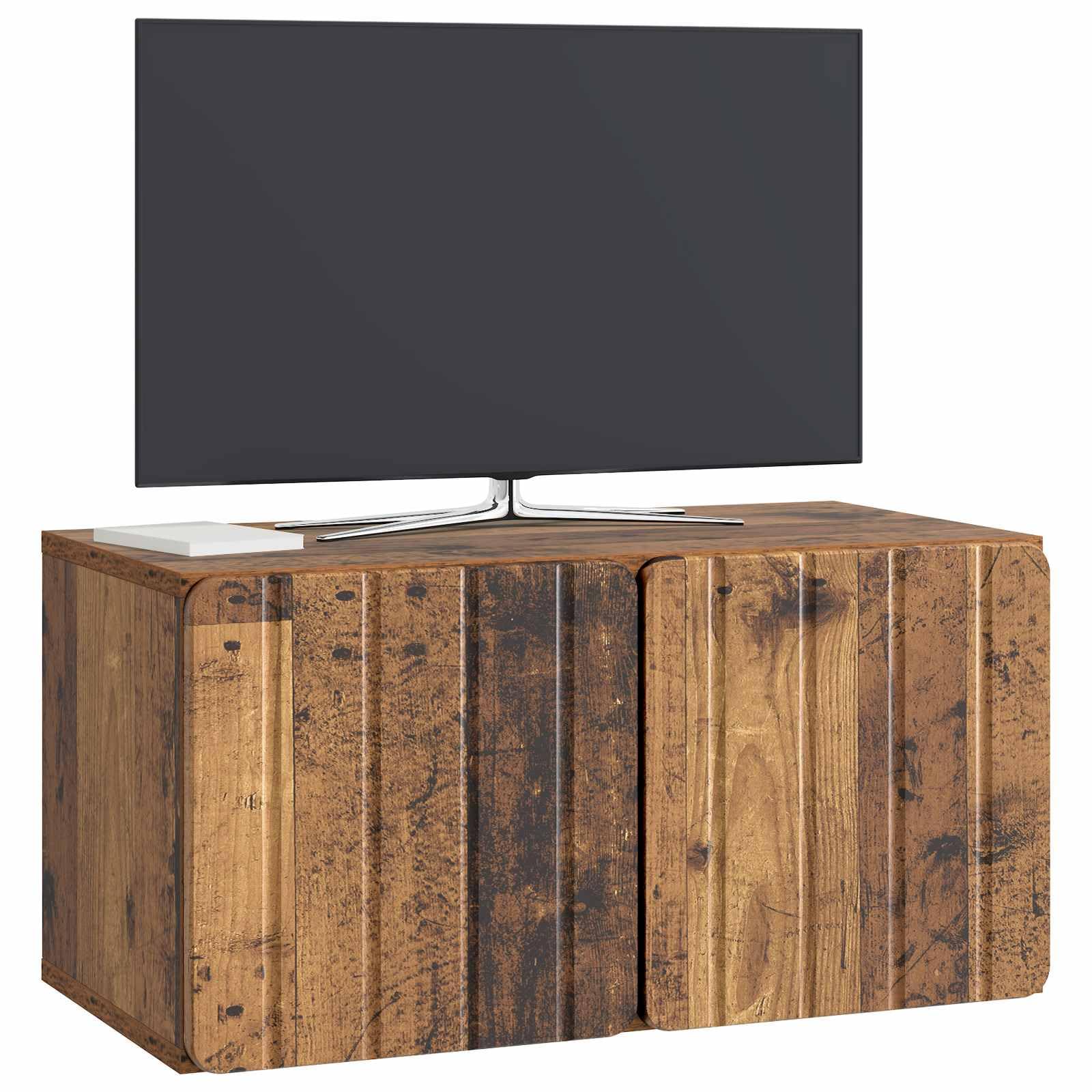 Mobile Porta TV da Muro in Legno Antico 59,5 x 31 x 30 cm con 2 Ante a Cerniera Girevole 90°, Supporto Sospeso Salvaspazio per Soggiorno Moderno, Consolle Armadietto Scaffale Versatile