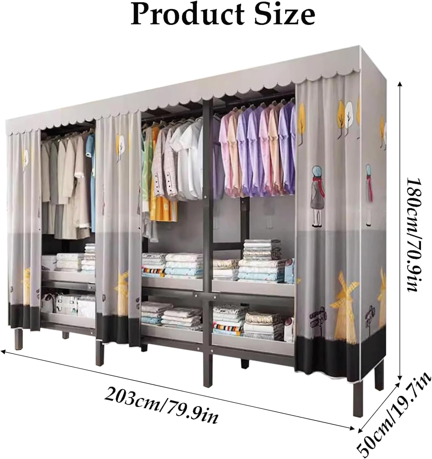Folding Clothes Closet Metal Iron Wardrobe Closet Portable Closets for Hanging Clothes Easy to Assemble Saves Space Closet, 203cm(B)