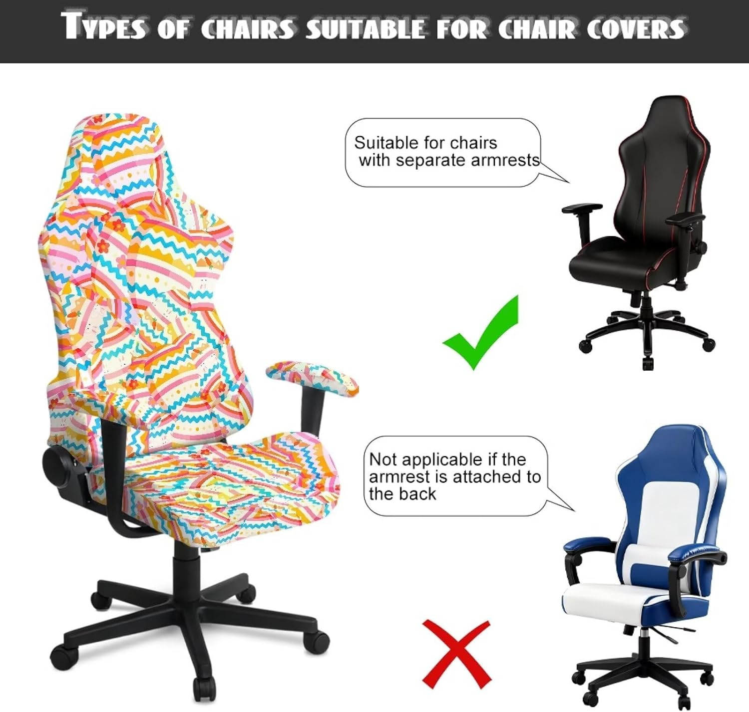 Easter Pattern Office PC Chair Protector 4 Piece Set Armrest Covers Fits Gaming Recliners Boss Chairs Zipper Closure Furniture Protector Anti-Scratch Removable