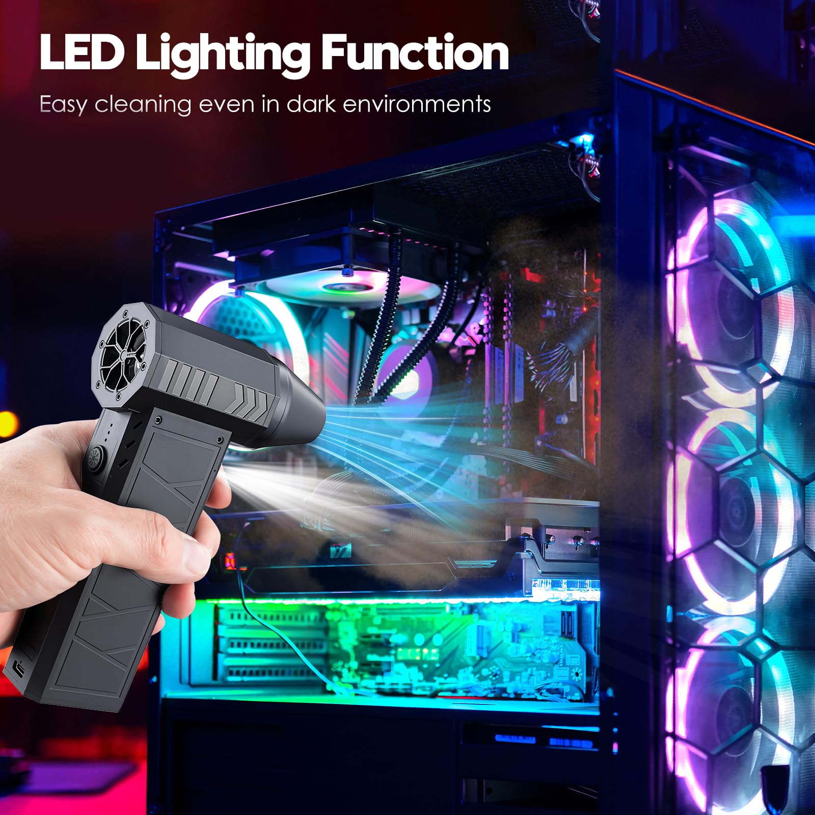 Aria Compressa Elettrico a 4 Velocità, 180000 Giri/Min Aspirapolvere Per Computer e Elettrico Rimuovi Polvere con luce LED, Soffiatore ad Aria Compressa con Batteria Per PC,Tastiera (Nero)