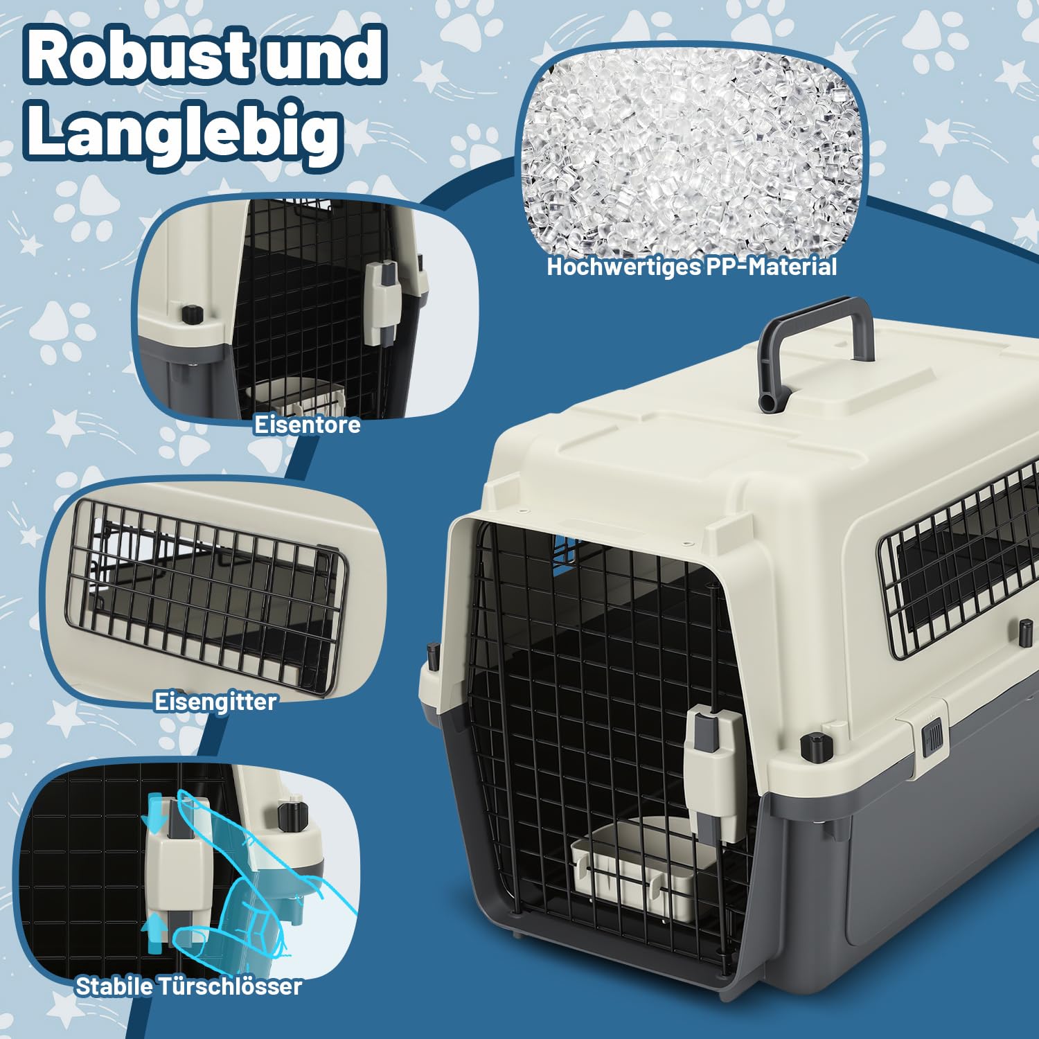 Pet Transportbox für Katzen, kleine Hunde & Nagetiere bis 10 kg, 60,4x42x39,8 cm, Leichte Hundetransportbox mit Metallgitter, Inkl. Grundausstattung