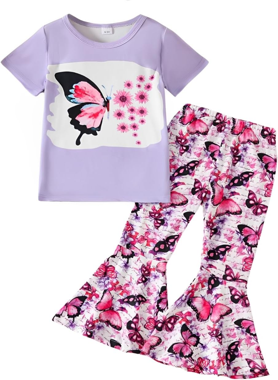 Toddler Girl Clothes Sunflower Graphic Top + Butterfly Flare Leg Pants Set 2PC Summer Clothing Set