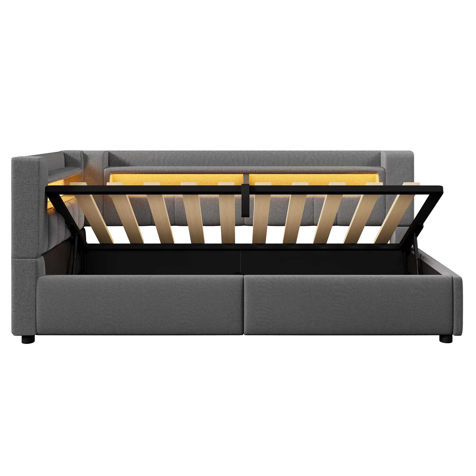 Daybett, 90 x 200 cm,Hydraulische Lagerungt, Mit USB Typ-C Ladefunktion, LED-Beleuchtung, Sofabett, Einzelbett, Ohne Matratze, Leinen, minimalistischer Stil,Grau