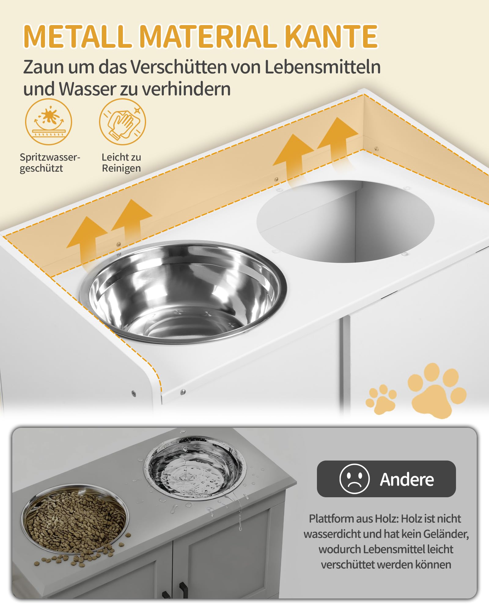 Hzuaneri Erhöhter Hundenapf mit Schiebetür-Aufbewahrung, 2 x 2 L Edelstahlnäpfe, 46 cm Hoch, Futterstation für Mittelgroße Bis Große Hunde, Mattweiß PB88003W