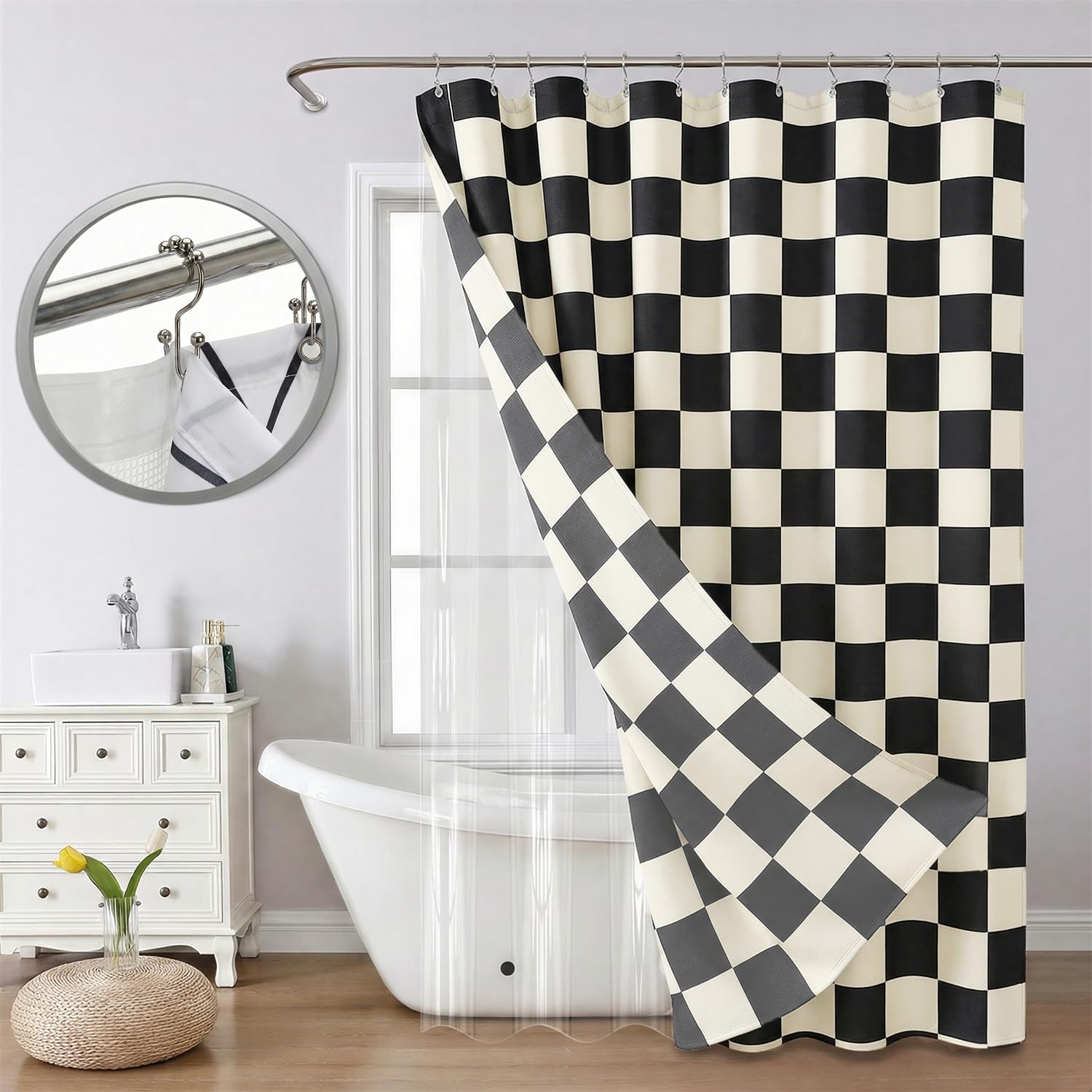 Tititex 3 in 1 Shower Curtain Set, Checkered Shower Curtain and PEVA Liner Sets swith 12 Metal Double Sided Shower Curtain Hooks, Beige Black Simple Modern Shower Curtain for Bathroom, 72x72