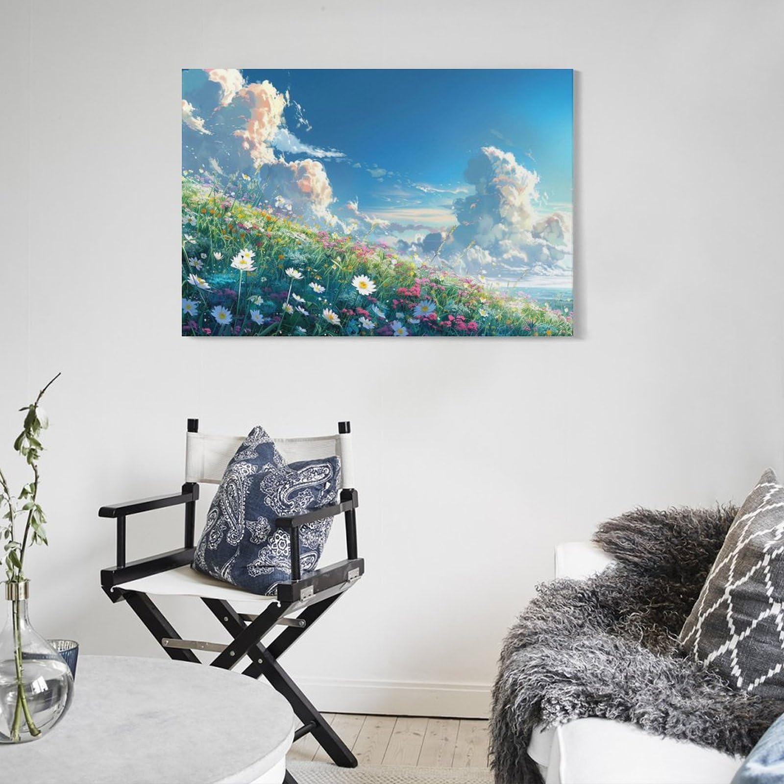絵画 インテリア絵 額付 (白) 油絵　 F4-080111　風景（草原青い空） 絵画 インテリア絵 額付 (白) 油絵 F4-080111 風景（草原青い空