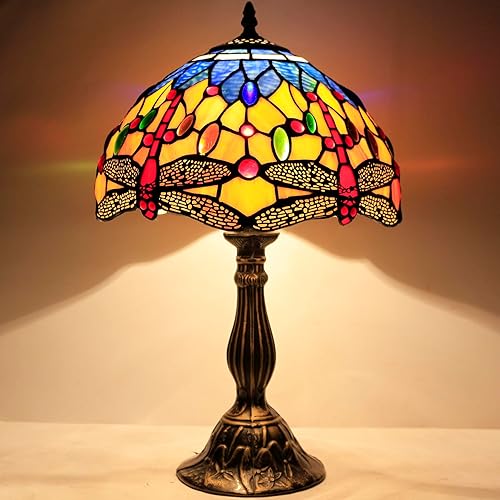 Miniatura 4 de WERFACTORY Tiffany Lámpara de mesa de noche de vidrieras naranja azul libélula estilo libélula luz de escritorio de lectura 12 x 12 x 18 pulgadas