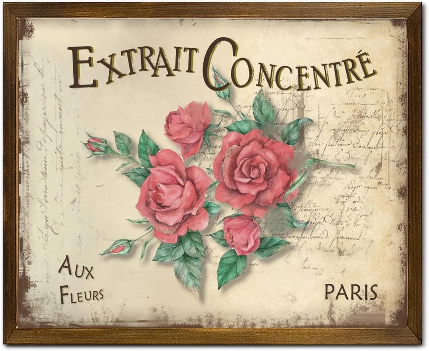 Extrait Concentré Aux Fleurs Wooden Framed Sign Vintage French Rose Flower Wood Plaque Sign Rustic Garden Floral Wall Decor Hanging Plaque Sign for Living Room Bedroom Dining Room 16x20 Inch