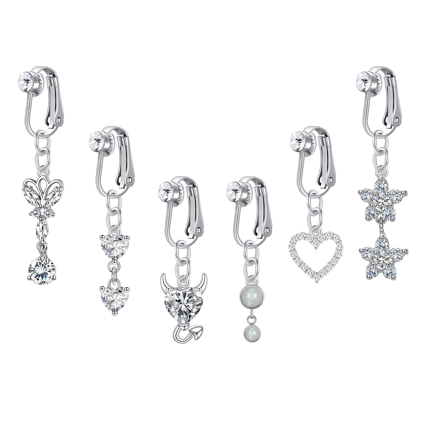 QSKISS Fake Bauchnabelpiercing Clip Auf Bauchnabelpiercing Chirurgenstahl Snap Chirurgenstahl Fake Piercing Bauchnabel Herz Schmetterling Baumeln Nicht Durchbohrt Piercing-Schmuck
