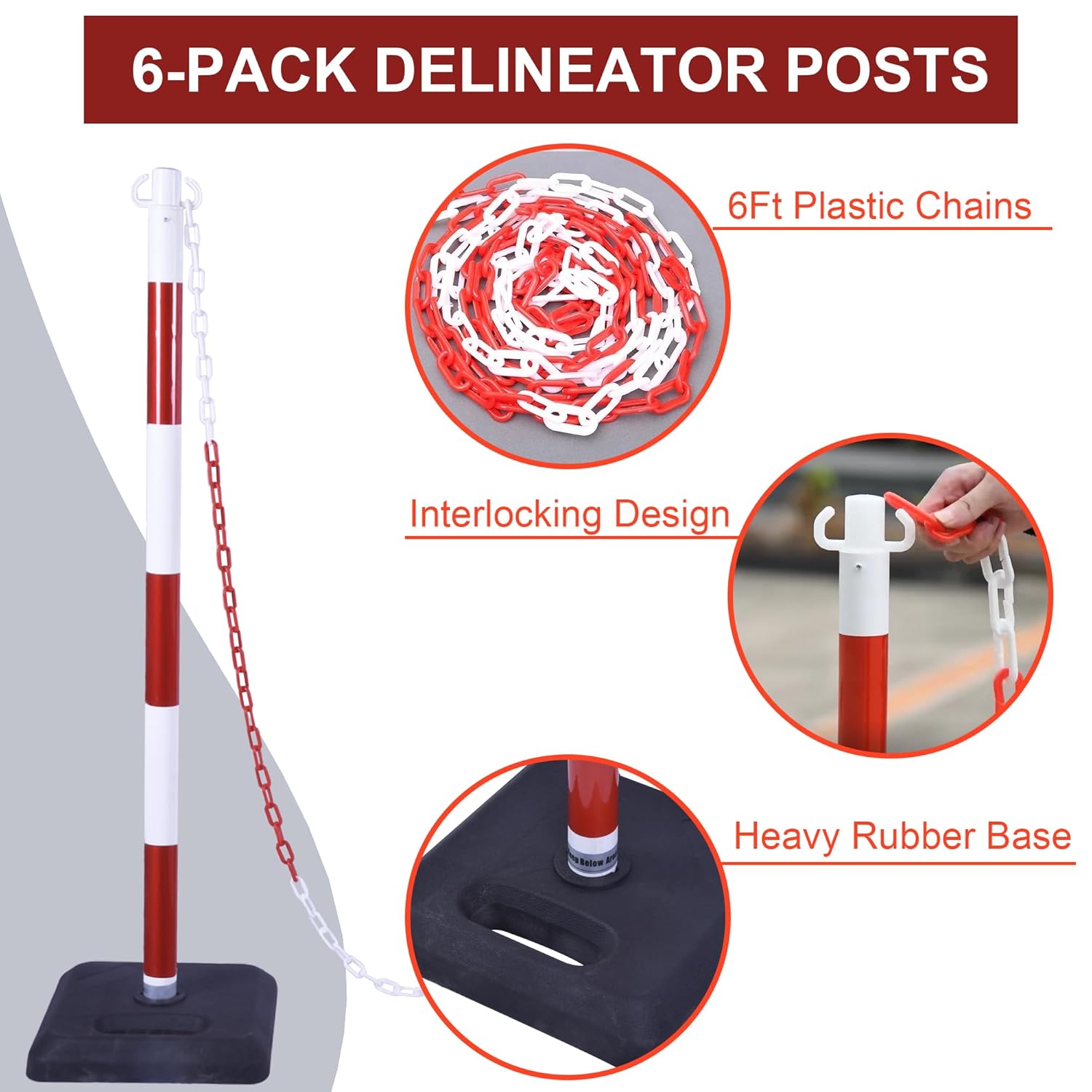 OrangeStar 4 Pack 40" Traffic Delineator Post Cones w/Rubber Base, Safety Delineator Barrier w/Total 20Ft Chains, Traffic Barriers Safety Cones for Parking Lot, Road Construction (Red White)