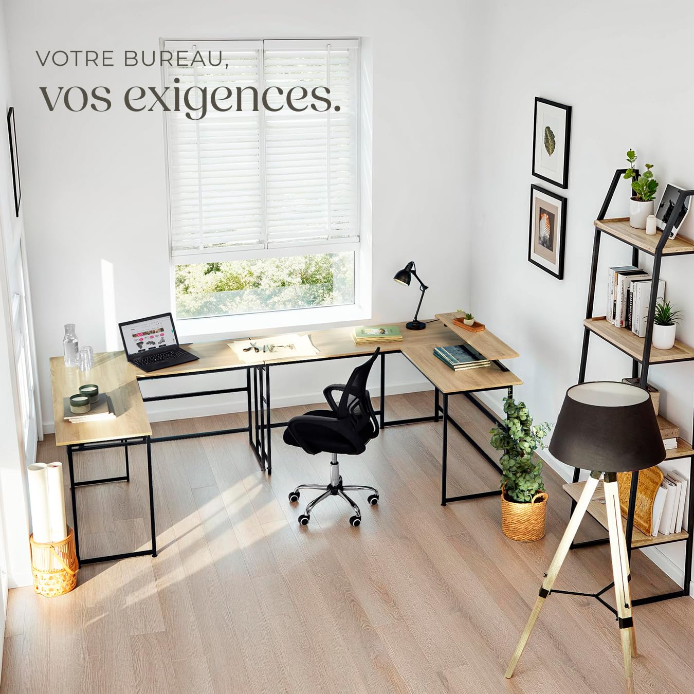 tectake® Bureau d'angle 140 x 130 x 76,5 cm, Support écran Coulissant, Table de Bureau Style Industriel Bureaux Ordinateur Meuble pc Meuble Ordinateur Table de Travail Teletravail Gaming, Bois Clair