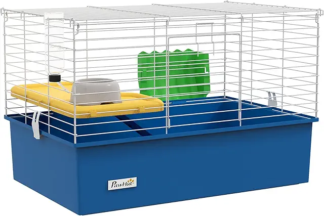 PawHut Jaula para Hurones con Bandeja Inferior Jaula para Animales Pequeños con Plataforma con Rampa Comedero y Bebedero Recinto para Conejos Pequeños Chinchillas Cobayas 71x46x47 cm Blanco y Azul