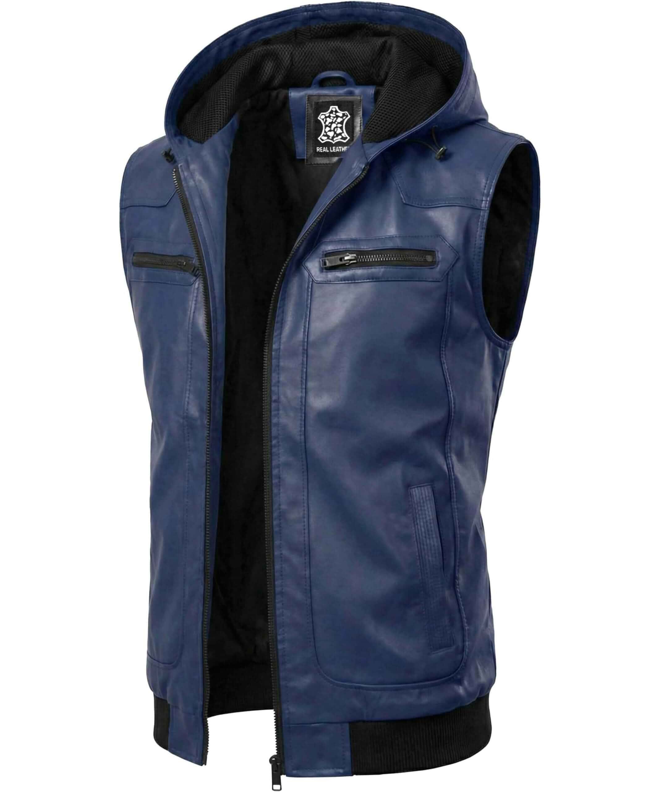 Men's Hooded Real Leather Vest - Sleeveless Motorcycle Vest for Men Front Zipper Closure, Sleeveless Style, Two Zipper Chest Pockets, Two Specious Sides Pockets, Hooded Vest, Motorcycle Vest
