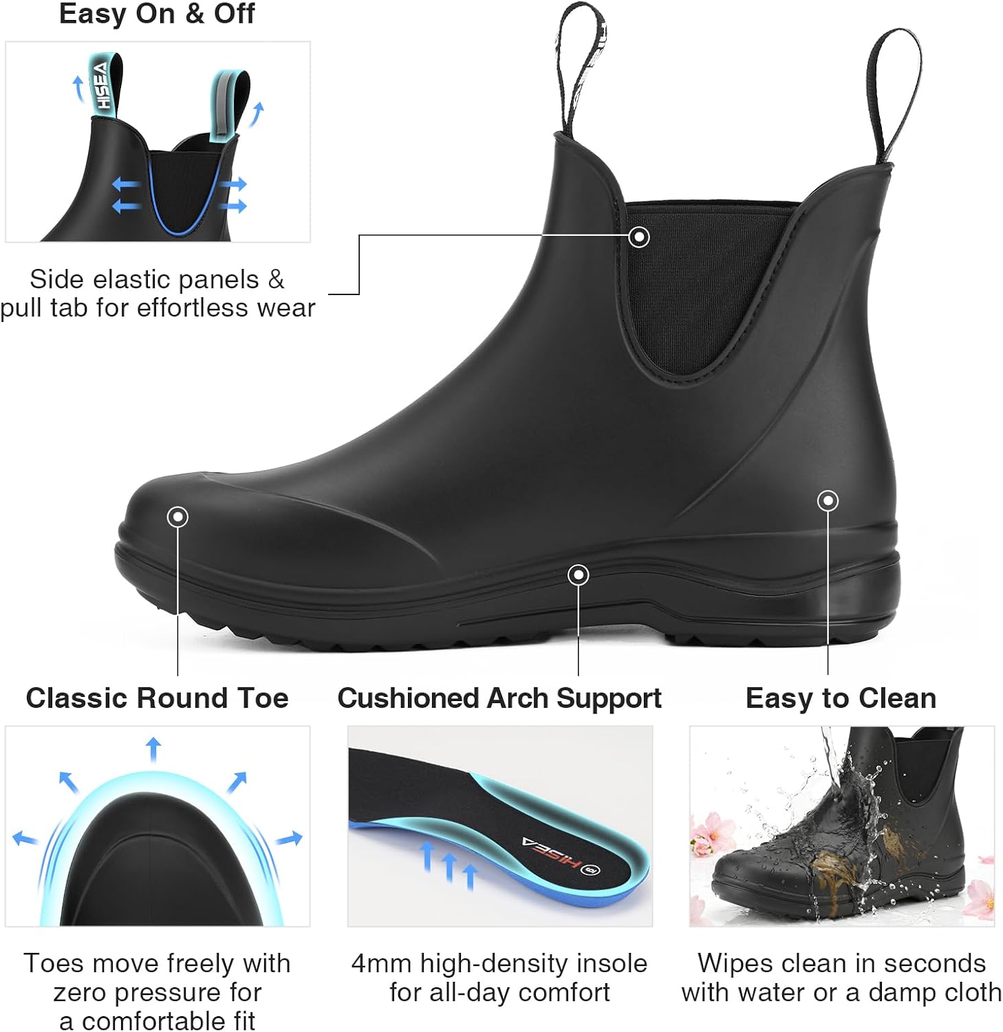 HISEA Waterproof Chelsea Boots for Women, Anti-Slip Ankle Rain Boots, Matte Fashion Rainshoes for Gardening, Walking, Outdoor, Comfortable Slip-on Short Boots