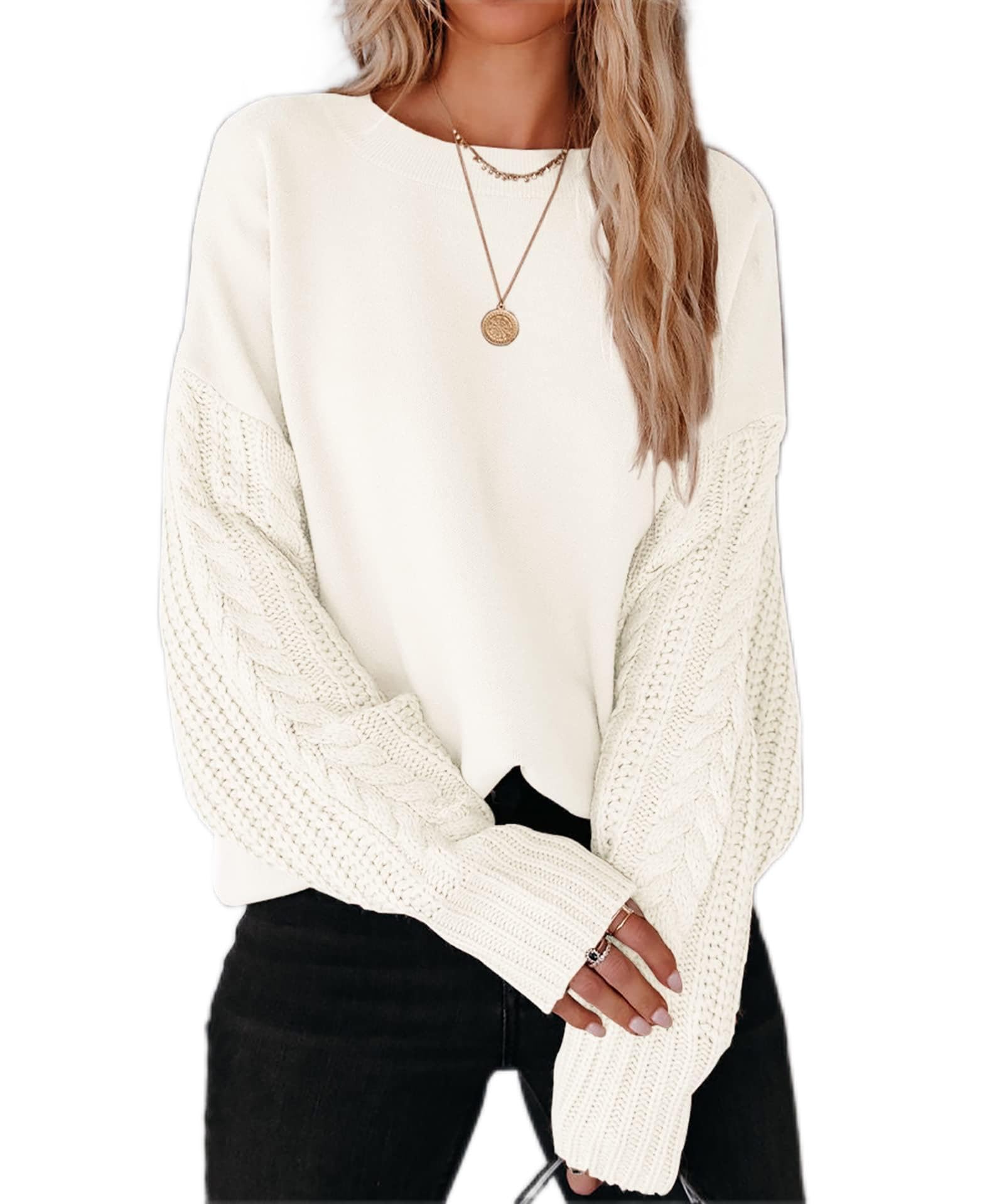 ZESICA Womens 2026 Spring Long Sleeve Crew Neck Solid Color Cable Knit Chunky Casual Oversized Pullover Sweater Tops