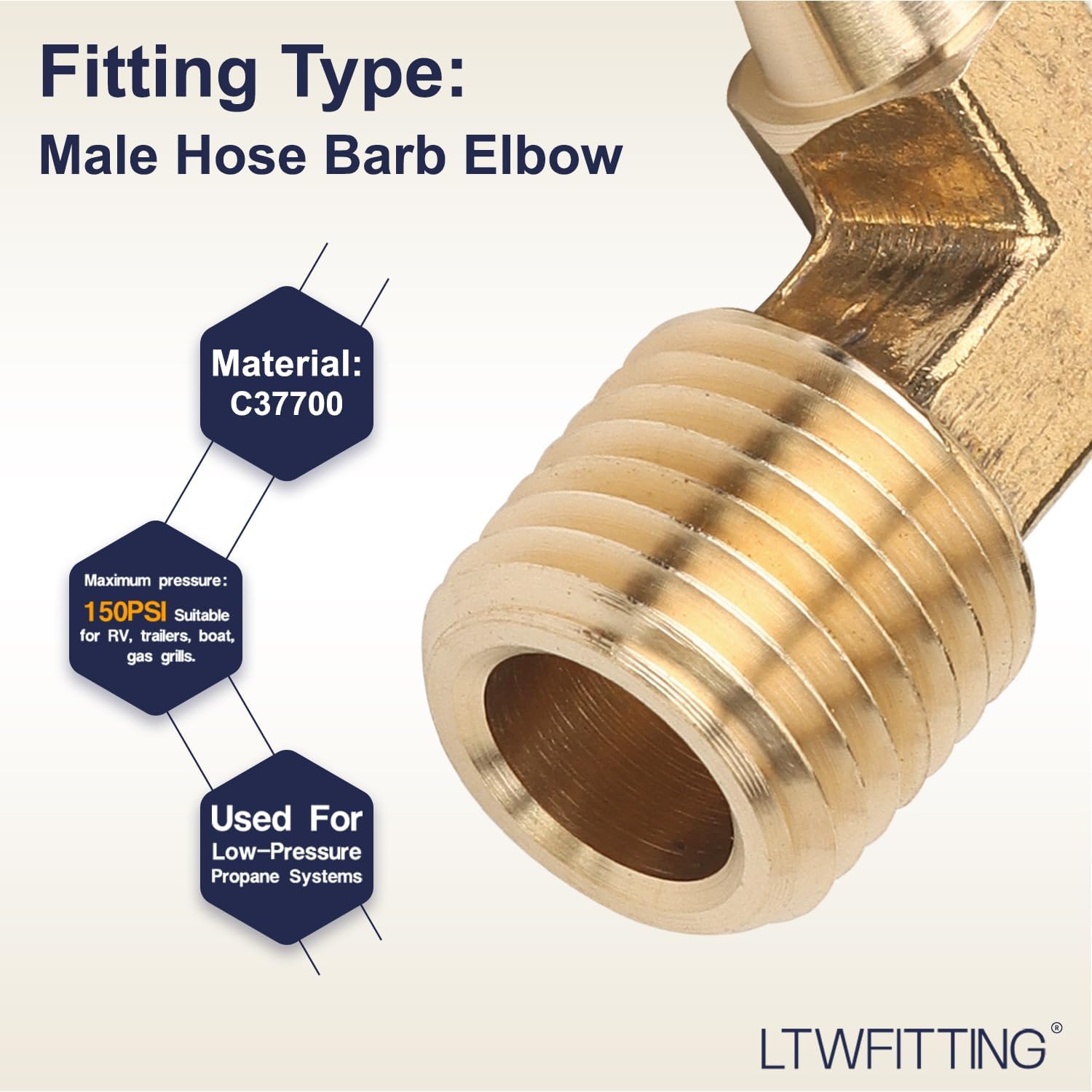 LTWFITTING 90 Degree Elbow Brass Barb Fitting 1/4 ID Hose x 1/4-Inch Male NPT Vehicle Fuel System Heater System (Pack of 5)