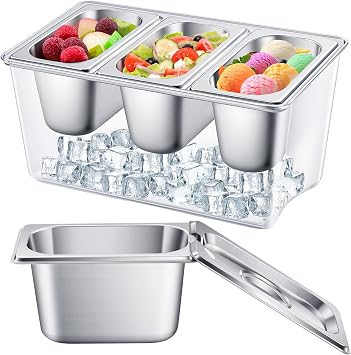 3 Containers Ice Chilled Condiment Caddy 30.5 oz Stainless Steel Serving Dish with Lids 3.75 Cup for Bar Cold Accessories Hummus Fruit Salad Sauces Party Restaurant Serving Supply