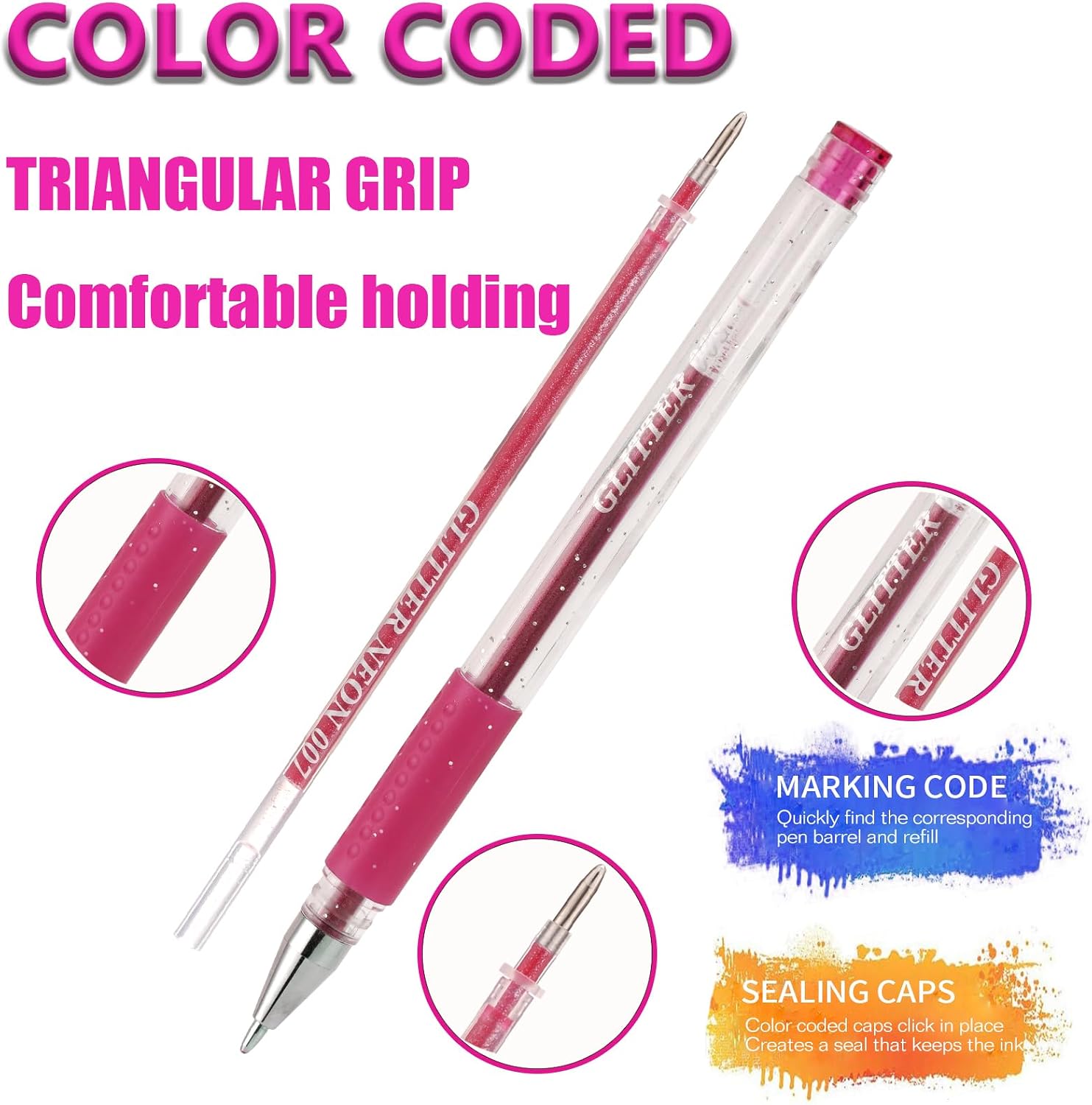 48 Pack Glitter Neon Gel Pens, 24 Colored Gel Pen with 24 Refills,40% More Ink Write Smooth for Adults Coloring Books Drawing Doodling Scrapbooks Bullet Journaling