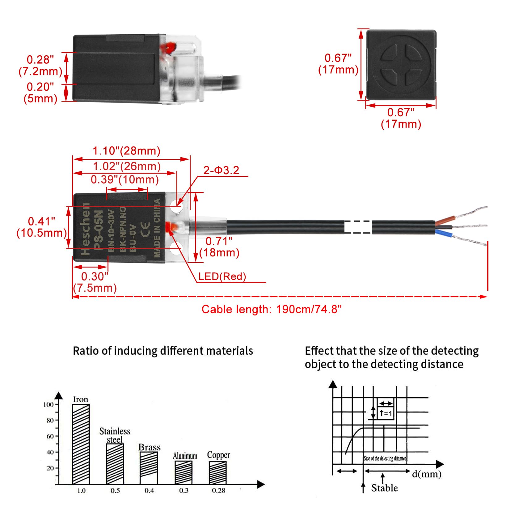 Image secondaire de Heschen Lot de 5 Interrupteurs Inductifs Proximité PS-05N 10-30V