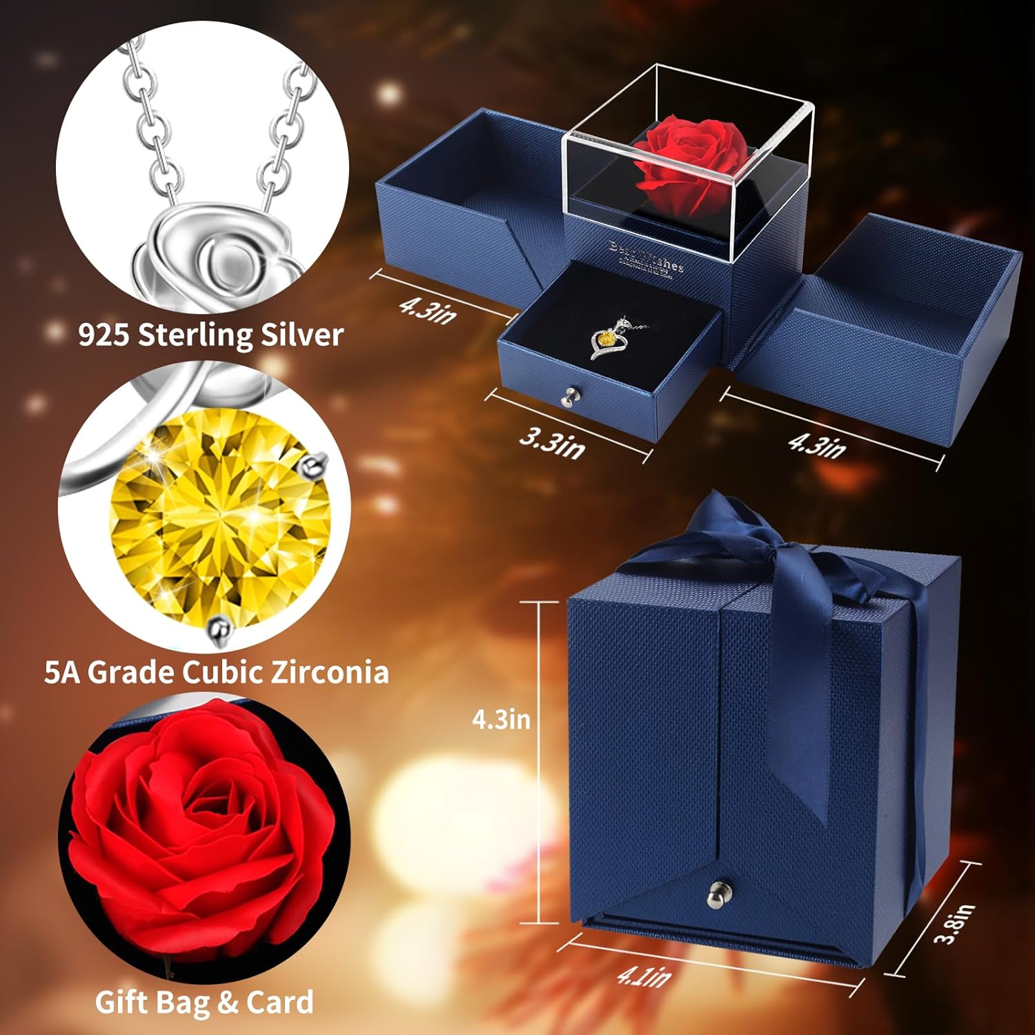 Rose Heart Necklace for Women 925 Sterling Silver Heart Birthstone Pendant Necklaces I Love You Jewelry Wedding Anniversary Birthday Christmas Valentines Mothers Day Gifts for Her - Image 4