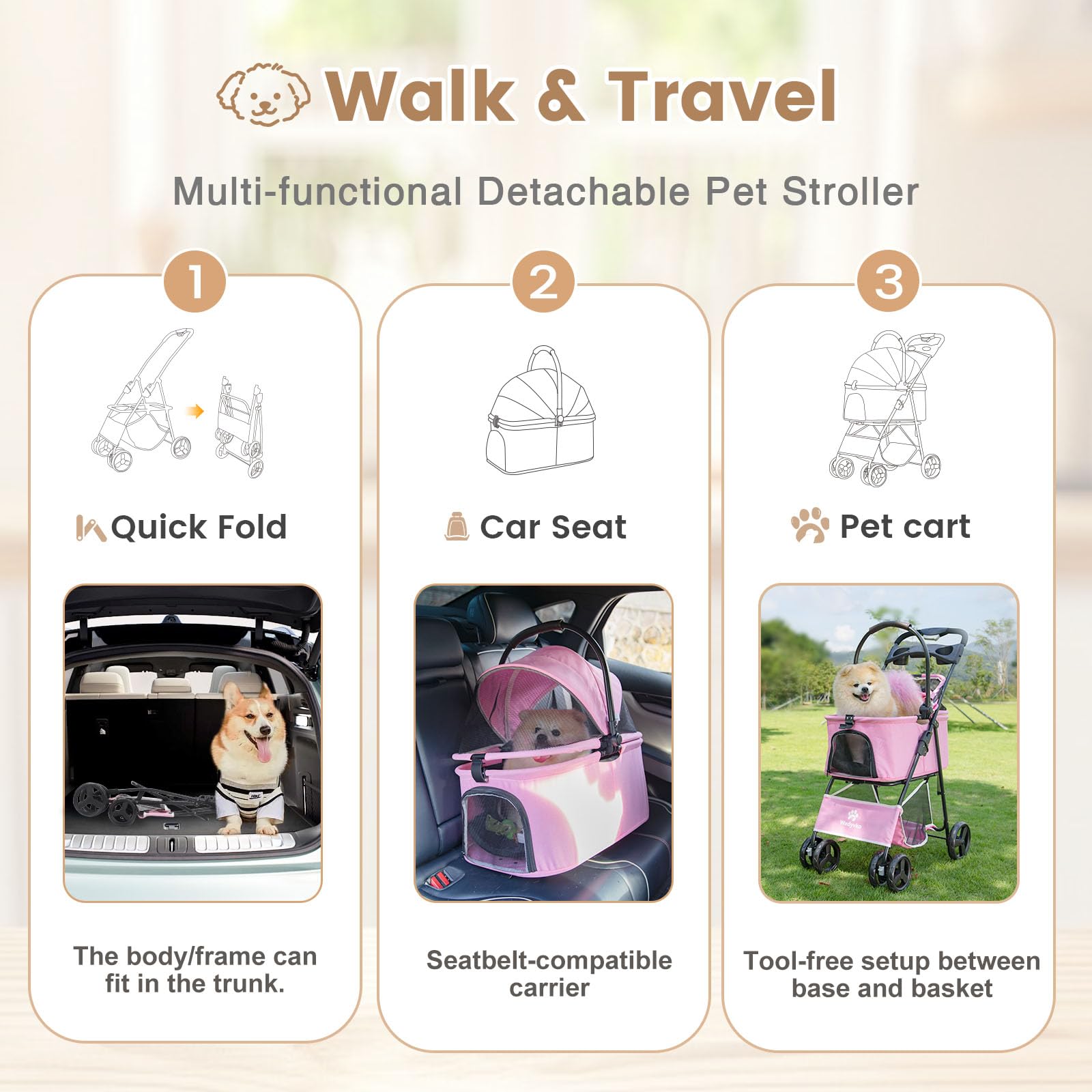 Haustier-Kinderwagen, Faltbarer Katzen-Hunde-Kinderwagen, Haustier-Hunde-Kinderwagen mit Aufbewahrungskorb, 360° Vorderrad Hinterrad mit Bremse, Leichter Reise-Kinderwagen (Rosa-P02C)