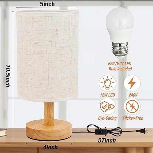 Miniatura 2 de Desk Lamp LED Bulb Included, Small Bedside Table Lamp Plug-in - Classic Wood Base with Flaxen Fabric Shade, Lamps for Night Stands, Simple