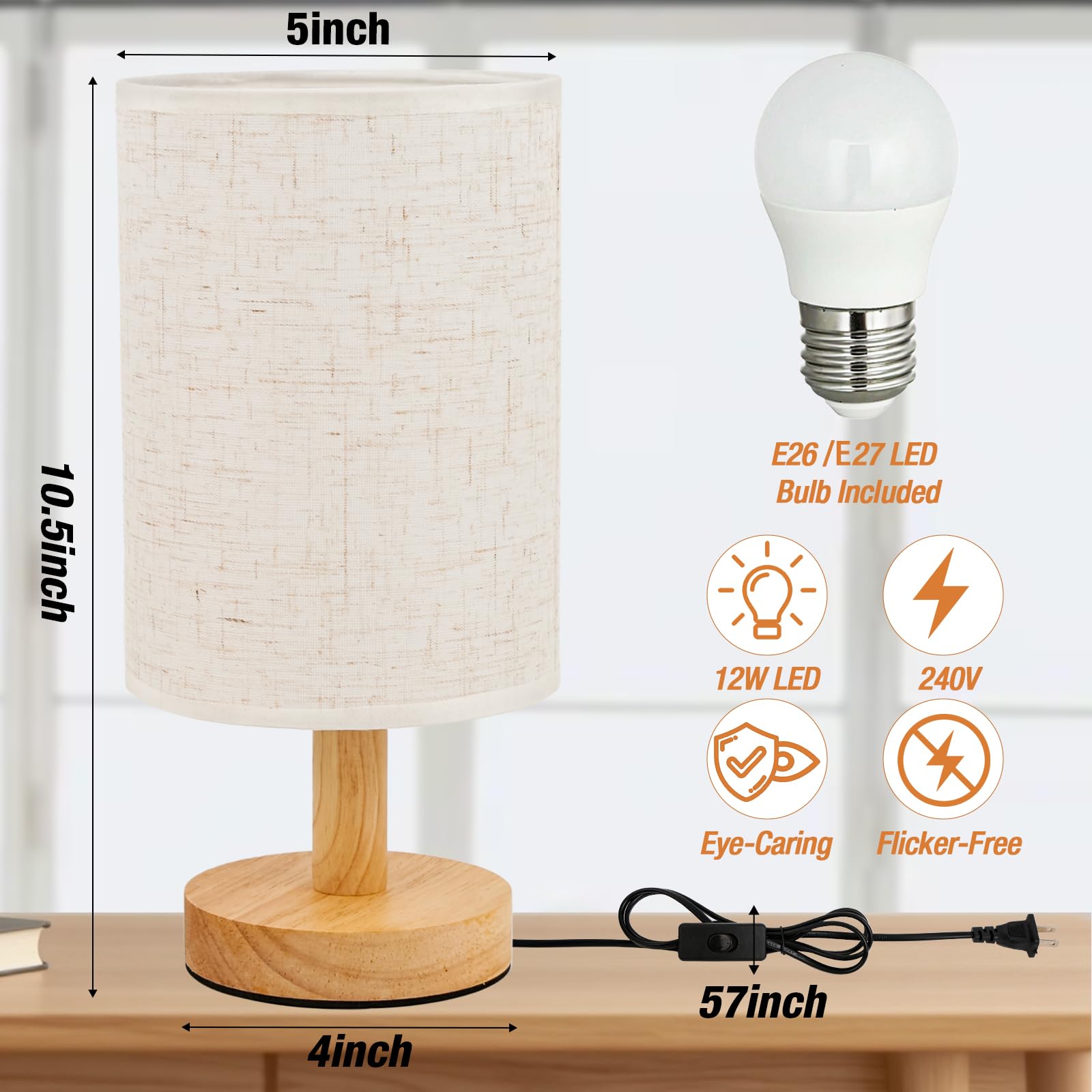 Schreibtischlampe LED Birne inklusive, kleine Nachttischlampe Plug-in - Klassischer Holzsockel mit Lampenschirm aus Flachsstoff, Lampen für Nachttische, einfaches Nachttischlicht für