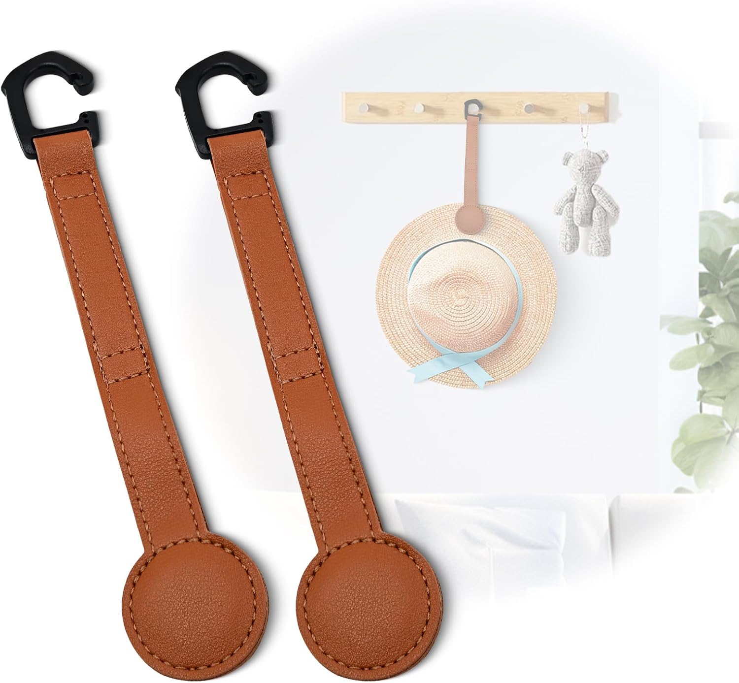 2-Pack Magnetic Cowboy Hat Clip, Leather Car Hat Holder with Strong Magnets, Universal Truck & SUV Accessories, Easy Install, Space-Saving Headrest Hook for Baseball & Cowboy Hats (Brown)