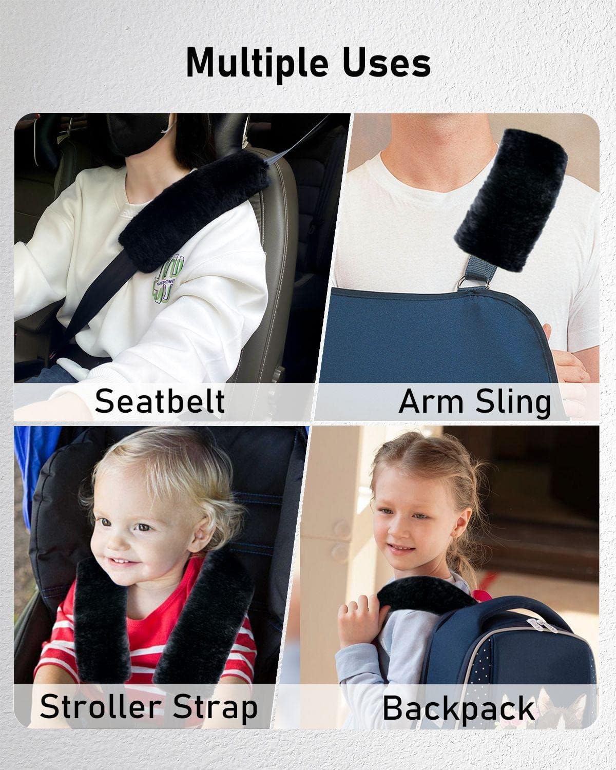 BELINOUS Authentic Sheepskin Car Seat Belt Cover, Soft Shoulder Seat Belt Pad, Seat Belt Neck Protector, 2 Pack (Black)